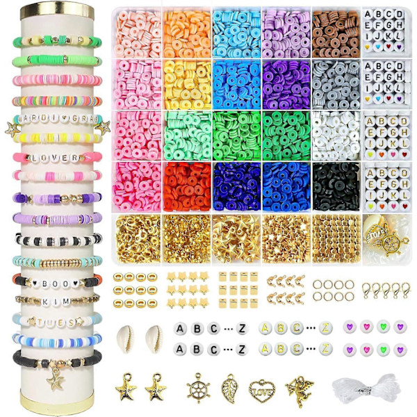 3400 st Pärlor i Lera för Armband, Vänbandsset för Smyckestillverkning, Platta Polymer Heishi-Pärlor med Berlocker, Presentset för Flickor