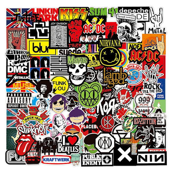 100 ark med rockeband-klistremerker for koffert, skateboard, notatbok, vanntett