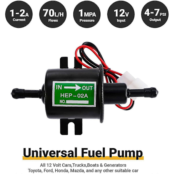 Universaali 12V sähköinen bensapumppu - 4-7psi Virta 1,0-2,0A Sisääntulo- ja ulostulohalkaisija 8mm (5/16\") Ulkoinen pumppu