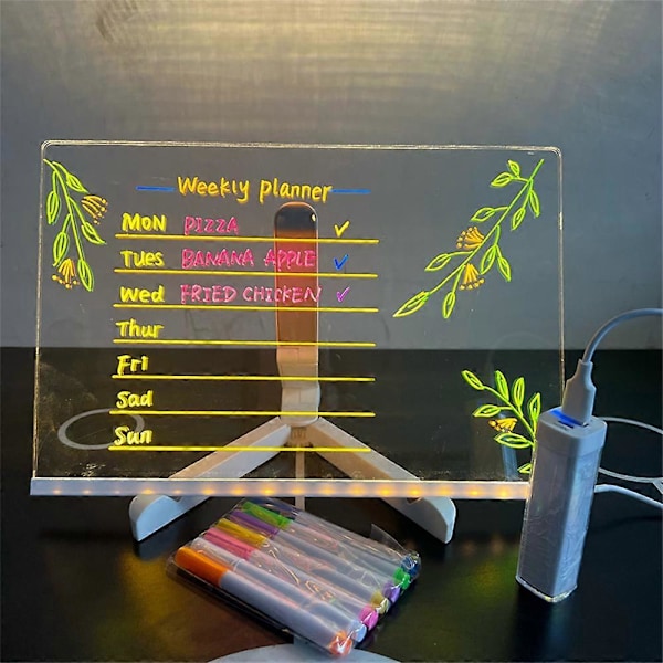 LED-notatbrett med 7 fargede penner, lysende akryl tørrmarkeringstavle med LED-lys og stativ, opplyst DIY-meldingsbrett skrivebordstavle 7 color pens and power bank m