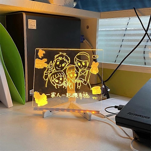 LED-valotaulu 7 värillä kynällä, hohtava akryylipyyhittävä taulu LED-valolla ja jalustalla, valaistu DIY-viestitaulu työpöydälle 7 color pens and power bank m