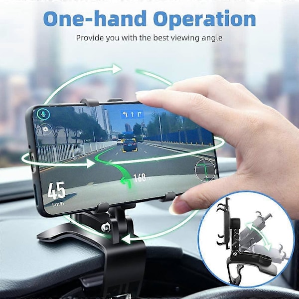 Biltelefonholder, 360 Graders Rotation Dashboard Klipsmontering, Kompatibel med iPhone 11/12 Pro Max XS Max XR 8 8Plus 7 Samsung Galaxy S10 S9 S8 LG og Mere
