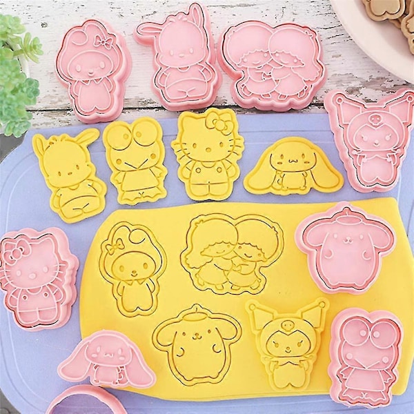 8 st Söt Sanrio Kakformar Kitty Cartoon Präglade Kakstämplar Melody Cat Kawaii Sötare Set För Tårta Barnkalas Dekoration Dekorer Set