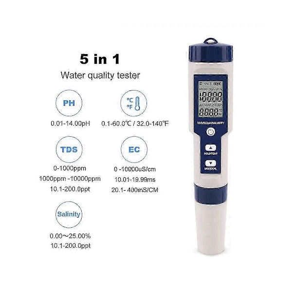 5 i 1 TDS/EC/PH/Salinitet/Temperatur Måler Digital Vandkvalitetsmonitor Tester til Pools, Drikkevand p