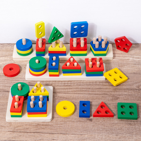 Fem uppsättningar av träkolumner i geometrisk form för små barns Montessori-tidig utbildning Kognitiva byggstenar Matchande visdomspussel Macaron color five sets 0.3kg