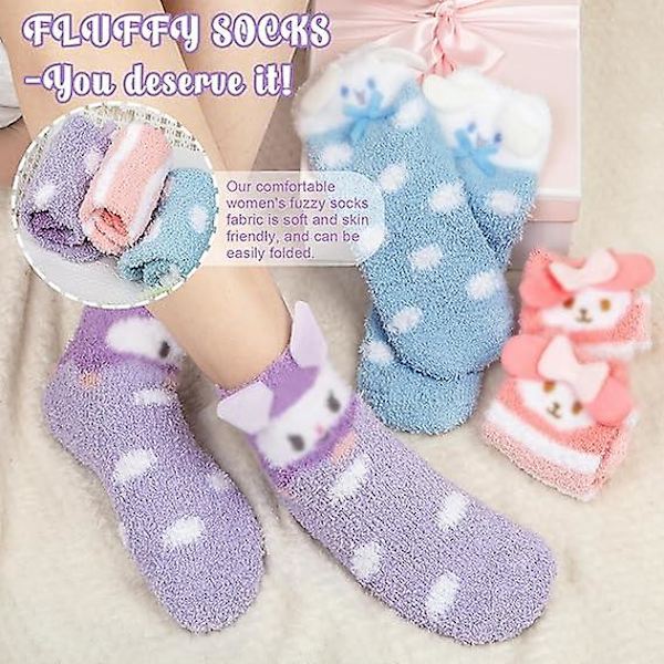 3 Par Dam Fuzzystrumpor Mysiga Vinter Varma Fluffiga Mjuka Söta Djur Fuzzy Hemtofflor - Lila Blå Rosa/Storlek: One Size