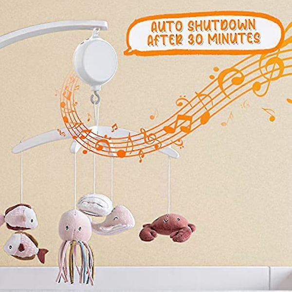 Spjälsängsmobilmotor Babymusikbox Spinner med 3 lägen Volymjusterbar 12 vaggvisor Automatisk avstängning efter
