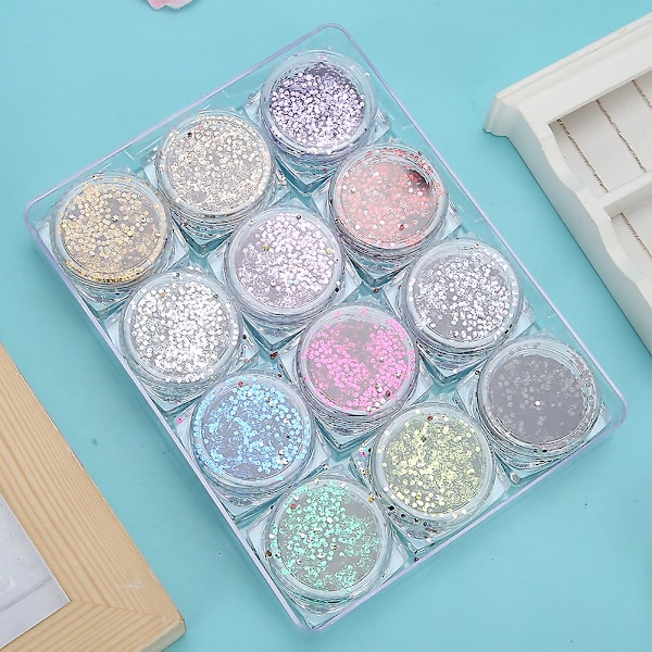 12 stk Glitter Neglekunstpulver - Skinnende Pigment for DIY Negledekorasjon