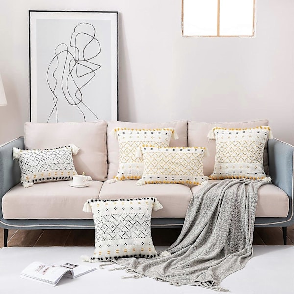 Sæt med 2 Moderne Bohemian Vævede Bomulds Pudebetræk Geometrisk Mønstret Dekoration til Stue Sofa Soveværelse Hjem 45 x 45 cm, Sort og Hvid (uden pude)