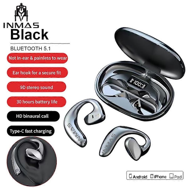 5.1 Lång Batteritid Luftledning Hörlurar Brusreducerande Trådlöst Headset black