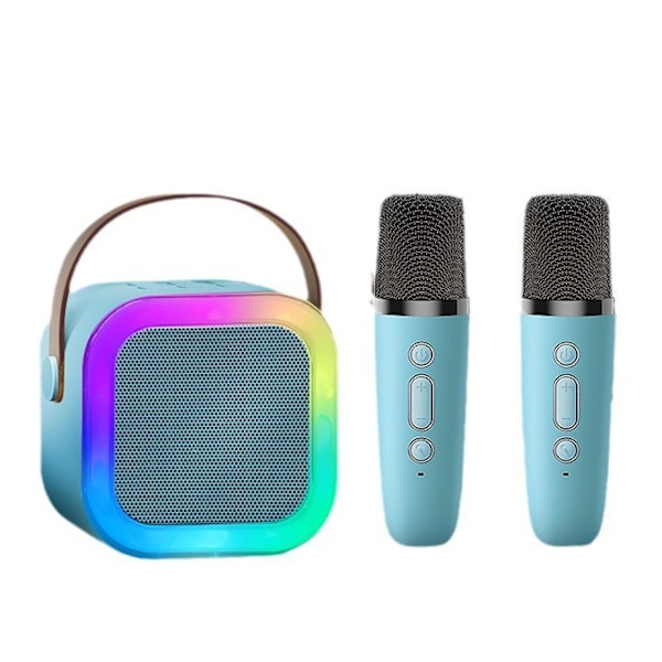 Mini Karaoke-maskin, Bærbar Bluetooth-høyttaler med 2 trådløse mikrofoner Gaver Leke for barn blue