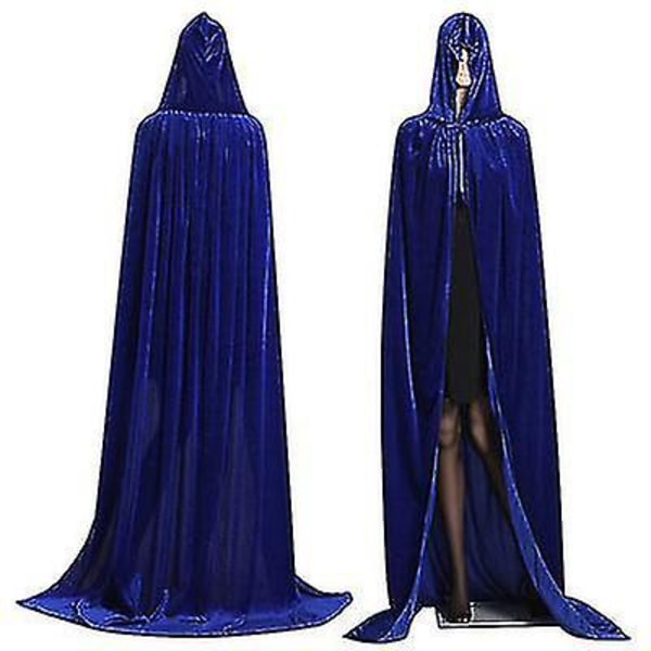 Vuxna barn Halloween-sammetsmantel Cape Hooded medeltida kostym W Blue Length 130cm