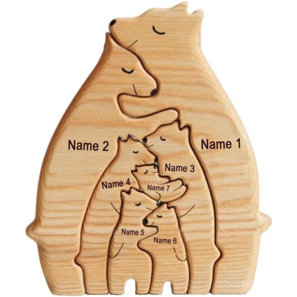 Personlig björnfamilj träkonstpussel, träpusselskulptur, hjärtpussel med 1-7 efternamn