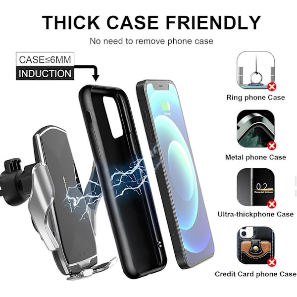 Biltelefonholder, Automatisk Klemmesensor 10W Qi Rask Lading Bil Frontrute Dashbord Luftventil Telefonholder Kompatibel med iPhone12/12 pro m silver