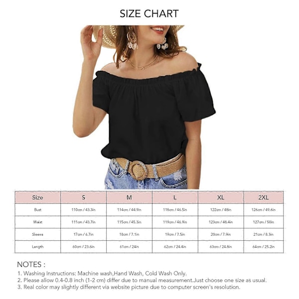 Sort M Kvinder Off Shoulder Top Casual Plain Farve Kortærmet Fril Trim Løstsiddende Sommer Trøje Bluse