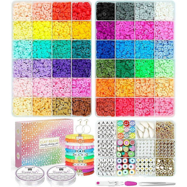 12 000 st Lerlera för Armband, 48 Färger 3 Ask, Smyckestillverkningssats Polymeravståndspärlor Preppy Heishi Pärlor och Elastiska Snören, Hantverkspresent fo