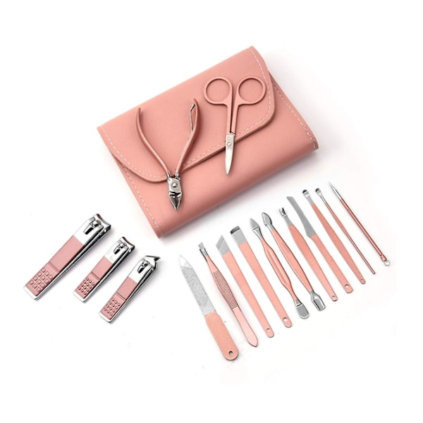 Manicure Set, Pedicure Kit, -16pcs Care Set of Stainless Steel Nail Care Tools with Luxurious Leather Travel Bag (Pink)