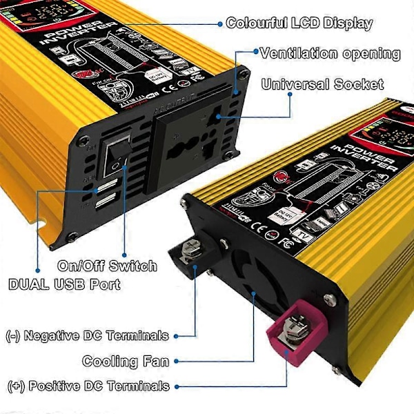 6000W 4000W Bilsolcelle-omformer for bil DC 12V til AC 220V / 110V Bilkonverter med 2.4A Dobbel