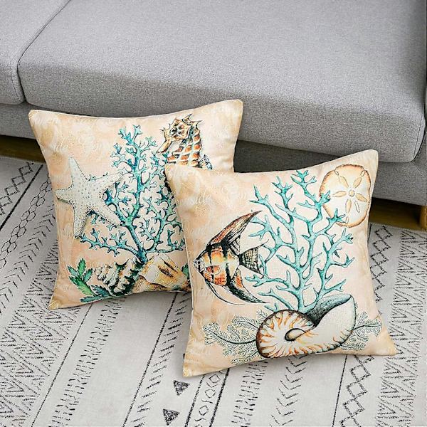 Pudebetræk 45 x 45 cm Pudebetræk Dyre Marine Sæt af 4 Bomuld Linned Print Nautisk Stil Kvadratisk Pudebetræk Dekoration til Sofa Værelse Strand