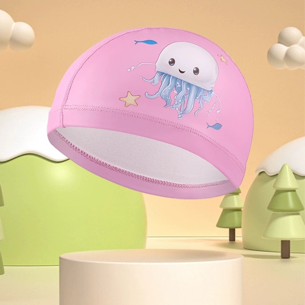 Badmössa för barn, vattentät PU-beläggning, tecknade djur, söta pojkar och flickor, klämmer inte åt huvudet pink jellyfish