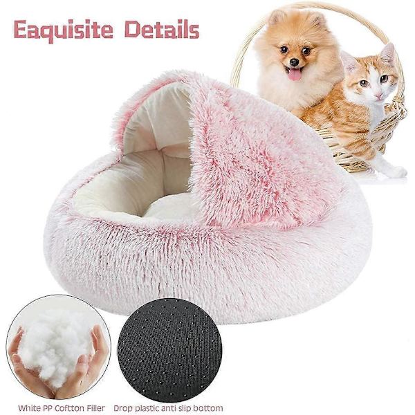 Fluffy katteseng, rund, myk fløyel, hule med hette, katteseng, for vinteren, varm, sovepute, sklisikker, maskinvaskbar, for katter og valper