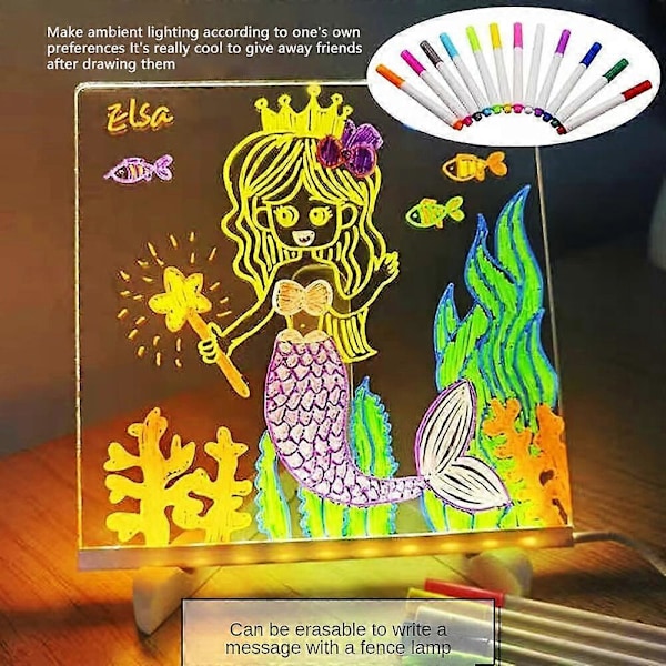 LED-valotaulu 7 värillä kynällä, hohtava akryylipyyhittävä taulu LED-valolla ja jalustalla, valaistu DIY-viestitaulu työpöydälle 7 color pens and power bank l