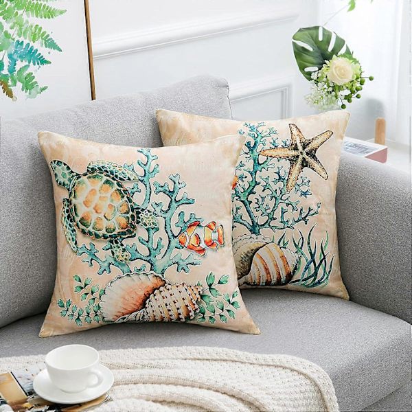 Pudebetræk 45 x 45 cm Pudebetræk Dyre Marine Sæt af 4 Bomuld Linned Print Nautisk Stil Kvadratisk Pudebetræk Dekoration til Sofa Værelse Strand