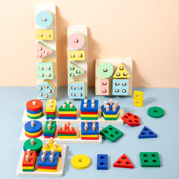 Fem uppsättningar av träkolumner i geometrisk form för små barns Montessori-tidig utbildning Kognitiva byggstenar Matchande visdomspussel Color five sets of columns 0.3kg