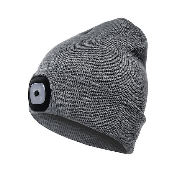 LED Beanie-lue med lys, strikket lue, hender fri, 4 LED-hodelykter, vinterstrikket nattlyslue, unisex grey