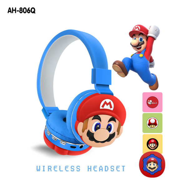 Gränsöverskridande Mario barns AH-806Q huvudmonterade Bluetooth -headset tecknat sött mönster trådlöst headset blue
