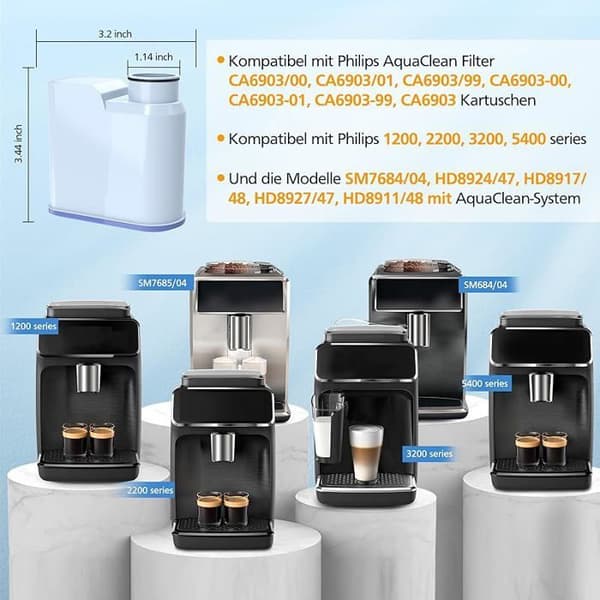 VUSZR 4 stk. vandfiltre til erstatning til Philips Aqua Clean kaffemaskine CA6903/10 CA6903/22 CA6707/20, mul KARAFILTRER