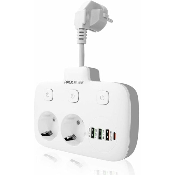 Stikdåse, Vægmonteret Stikdåse med 2 Stik og 3 USB-porte - 18W QC 3.0/20W PD3.0 Stikdåse med Overspændingsbeskyttelse, 6 i 1 Kort Kabel Stik