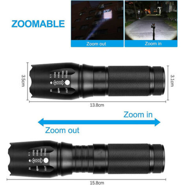 LED-ficklampa Militär Taktisk Fackla Facklor Superljus Kraftfull Lumen Justerbar Fokus Ficklampa，(Svart)- UNOIU