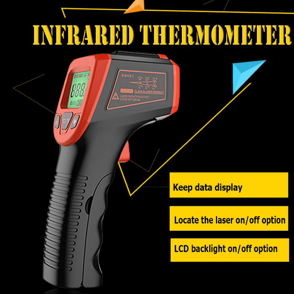 Infrapunalämpömittari, kosketukseton digitaalinen laserlämpötilapistooli -58 °F - 1112 °F (-50 °C - 600 °C) LCD-näytöllä, punainen