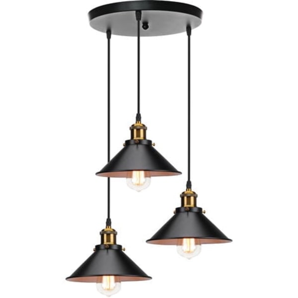 3-lampig pendellampa i retrostil, industriell taklampa, designer Edison metallkronljuskrona, pendellampa med rund platthållare, 22 cm, svart och vit