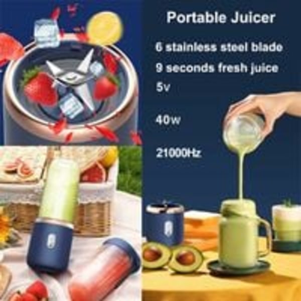 400ml Mini Bærbar Fruktblender med 6 Blader i Rustfritt Stål Personlig Blender for Grønnsaker Smoothie Shakes USB Oppladbar Elektrisk Blender +