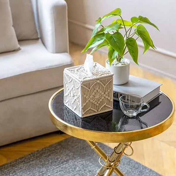 Pappersbox Omslag Boho Fyrkantig Makramé Pappershållare för Badrum Bondgård Servetthållare med Pärlspänne Vävd