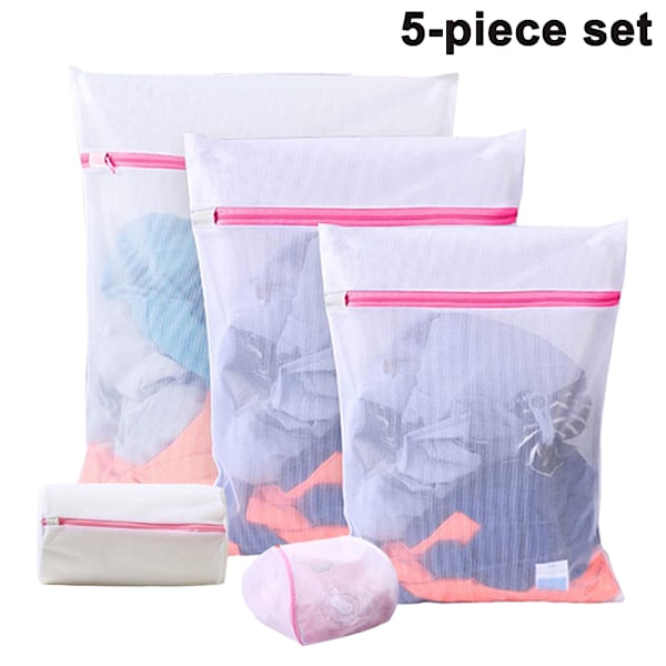 Mesh Vasketøjspose Sæt med 5, Hvide Delikate Holdbare Polyester Vaskeposer med Lynlås til Vasketøj Bluse Strømper Undertøj BH og Lingeri