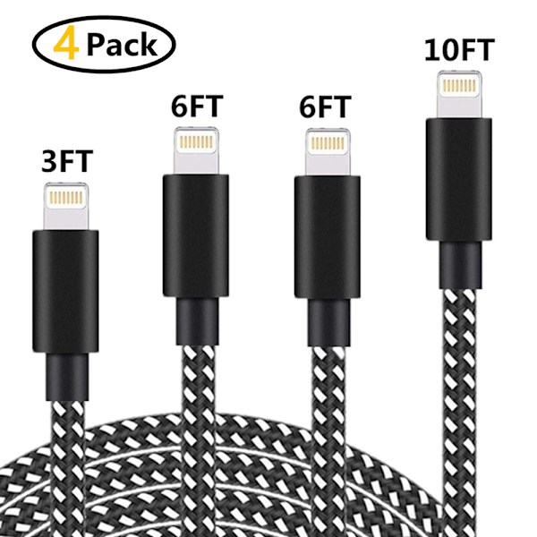 4 st iPhone-laddningskablar 3FT/6FT/10FT Nylonflätad snabb USB-laddnings- och synkroniseringssladd Datakabel iPhone-datakabel kompatibel med iPhone11/ Xs/Max/Xr/X/8