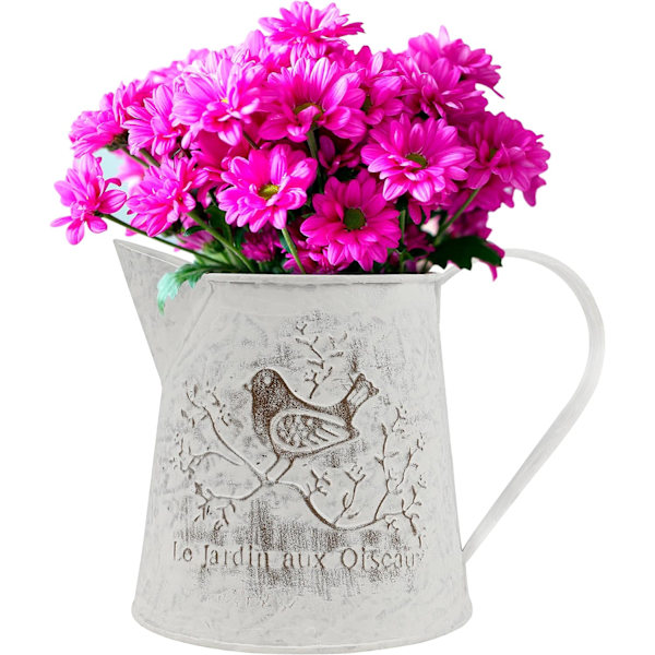BELLE VOUS Vintage Blomkruka Metallvas Retro 13 cm - Fransk Mjölkkanna Deko Lantlig Stil med Handtag - Rustik Vintage Blomvas med Fågel