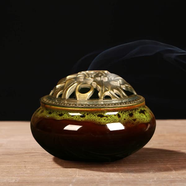 Keramisk røgelsesbrænder, kobberlåg, Buddha, antik legeringstråd, sandeltræsrøgelse, røgelse, røgelse, isknækket ovnskifte