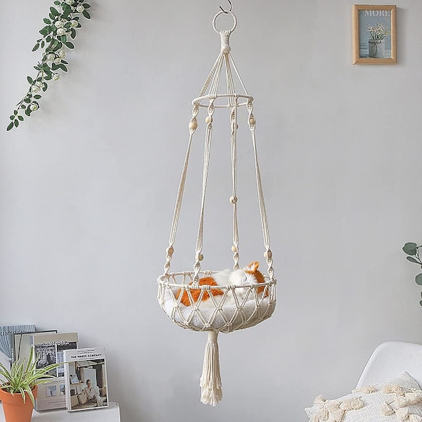 Tassel Macrame Hængende Kattehængekøje Håndvævet Katte Kurv Seng Kattegyngeseng Huskatte til Indendørs Vindue