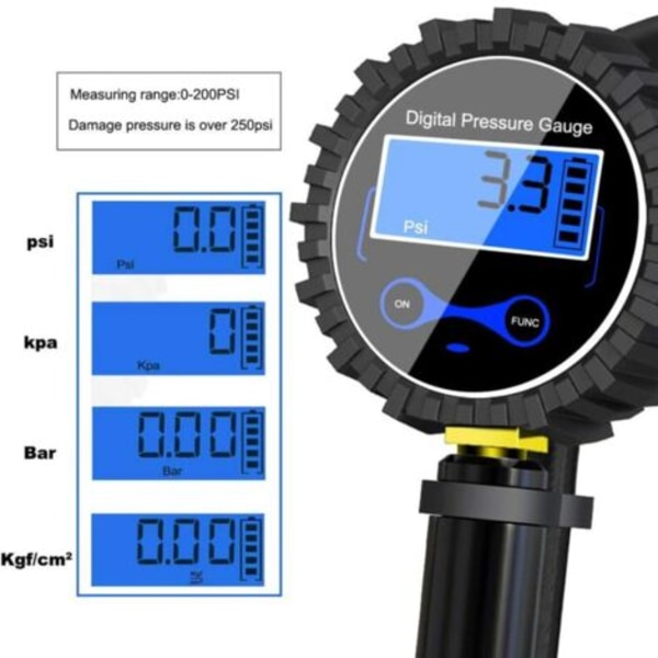 Digital Dæktryksmåler 250 Psi, Høj Præcis Digital Dæktryksmåler Med Oppustningspistol Til Bil Motorcykel Cykler, LCD Skærm