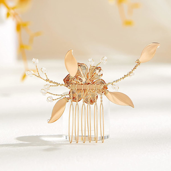 Hårkam med Rhinestone Perle Bryllup Hårtilbehør for Brud Brudepike Kvinner Jenter (Gull)
