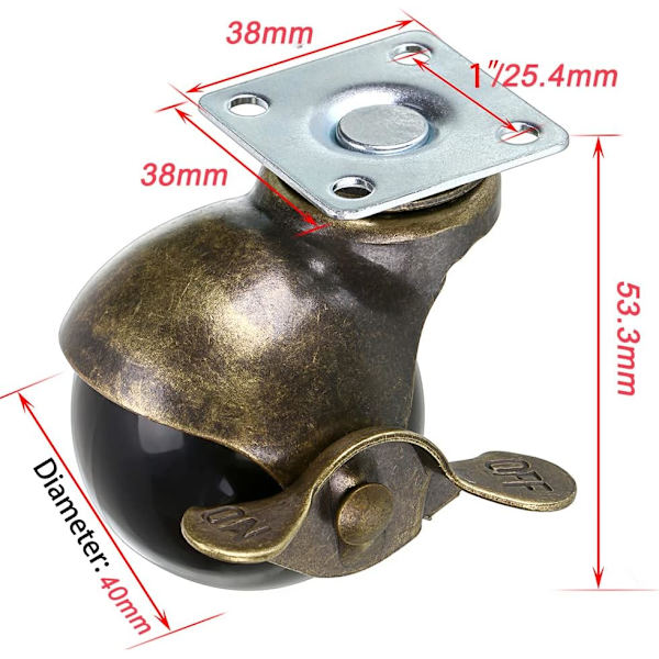 4 st bronsfärgade kulhjul, 40 mm möbelhjul, rundade kulhjul med broms, ersättning för möbler, soffor, stolar, belastningskapacitet 22,7 kg
