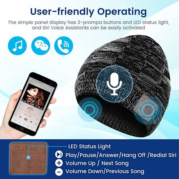 Bluetooth Hue Musik Vinterhatte til Mænd Kvinder med MIC Op til 15 Timers Afspilningstid Perfekt til Udendørs Snowboarding Løb Gåture Cykling