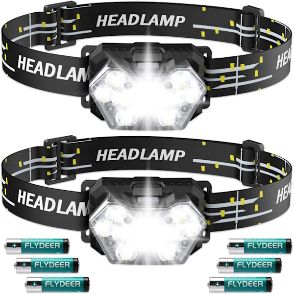 LED-batterilampa (2 st/1 st), 2000 lumen pannlampa ficklampa med AAA-batterier, 6 belysningslägen, justerbar, IPX5 vattentät, lämplig för