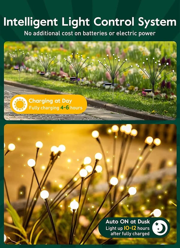 Solcelle Hagelys - 2 Pakning 10 LED Solcelle Firefly Lys med 2 Lysmoduser, Svinger i Vinden, Vanntette Solcelle Dekorative Lys, Solcelle Utendørslys