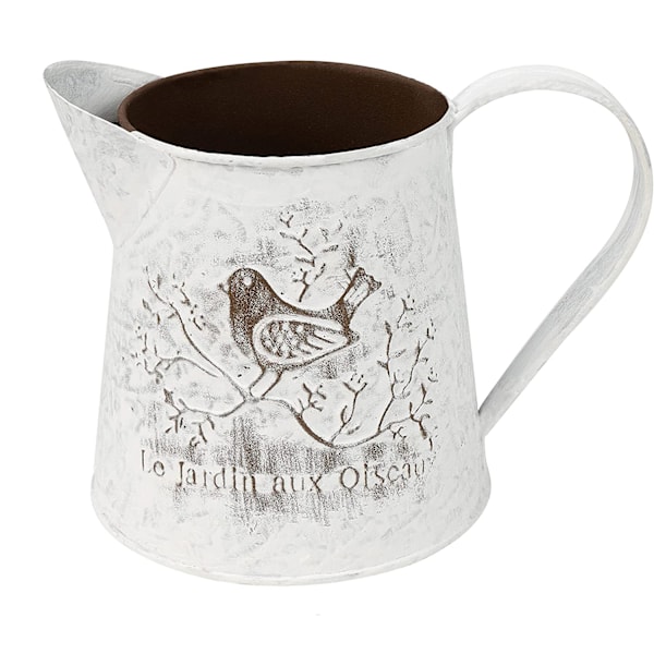 BELLE VOUS Vintage Blomkruka Metallvas Retro 13 cm - Fransk Mjölkkanna Deko Lantlig Stil med Handtag - Rustik Vintage Blomvas med Fågel