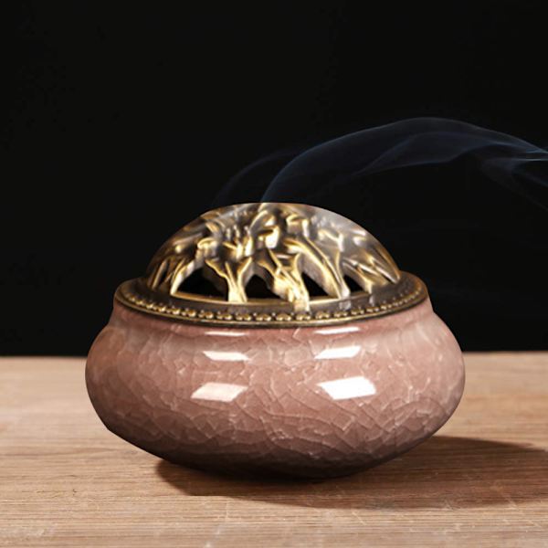 Keramisk røgelsesbrænder, kobberlåg, Buddha, antik legeringstråd, sandeltræsrøgelse, røgelse, røgelse, isknækket ovnskifte